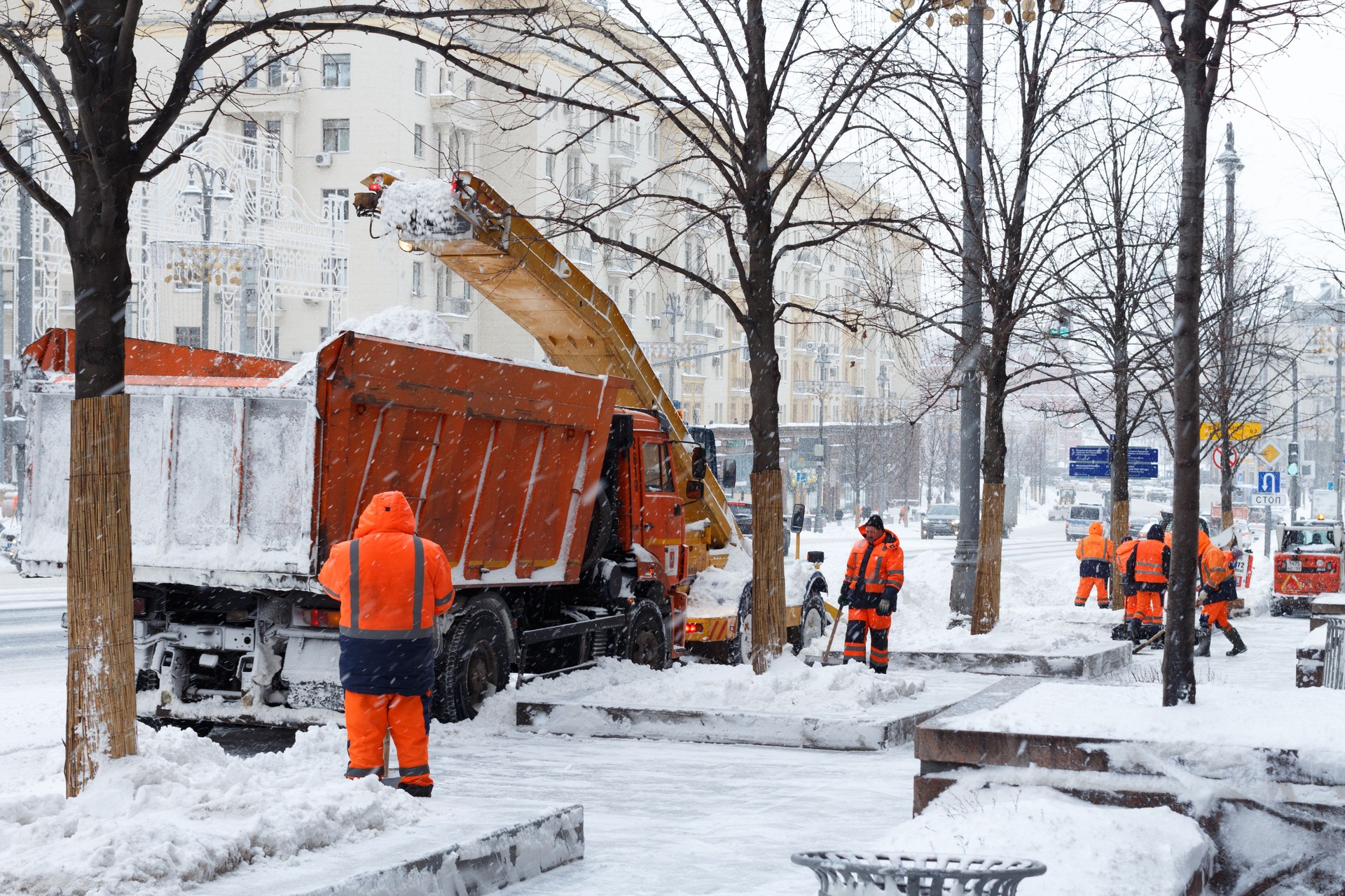 Municipal equipment clears snow in the city